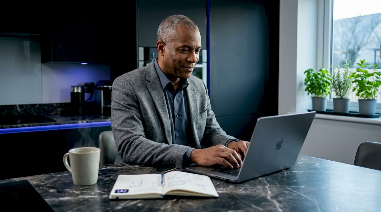 Man interacting with personalized chatbot at home desk
