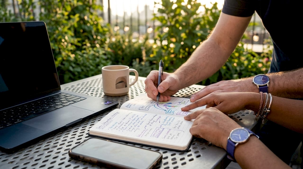 Two hands discussing AI data integration notes