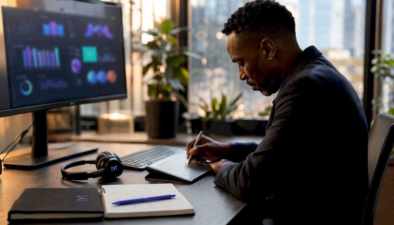 Call center supervisor reviewing survey dashboard