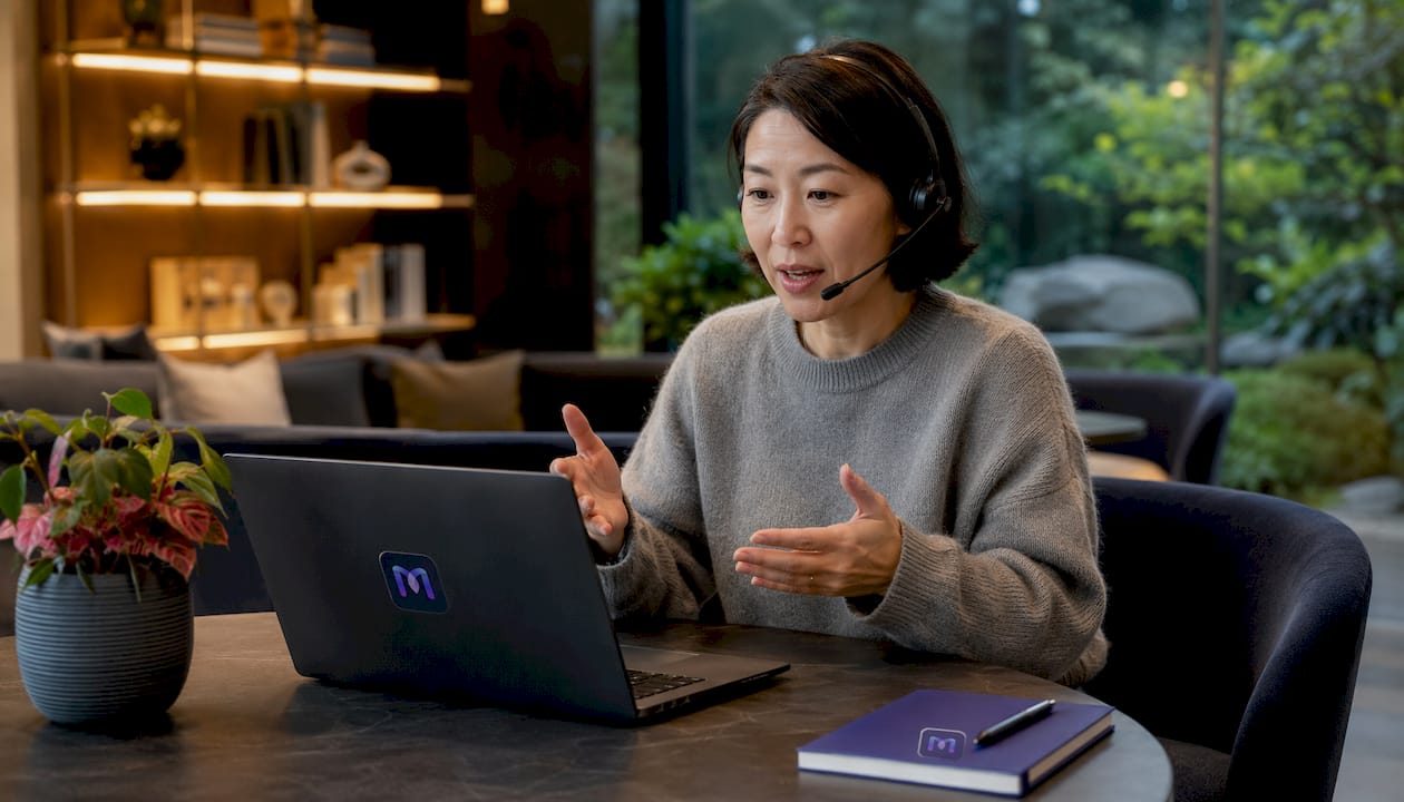 Woman interacting with complex AI conversation system