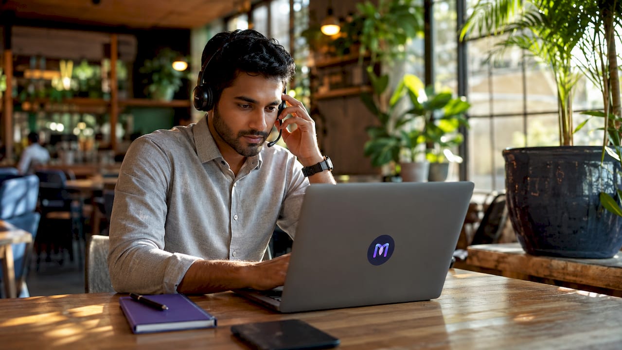 Call center agent using headset and monitors