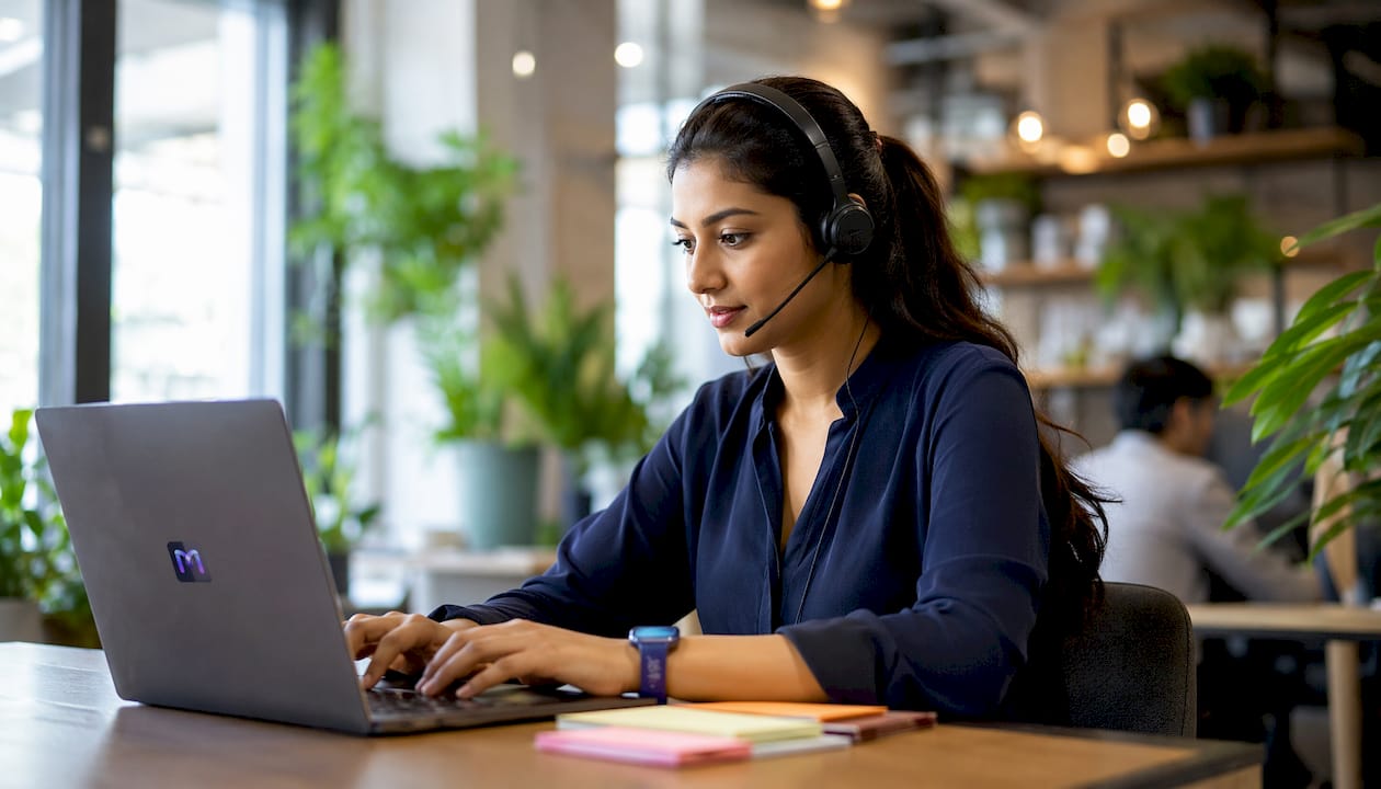 Contact center agent typing with headset on