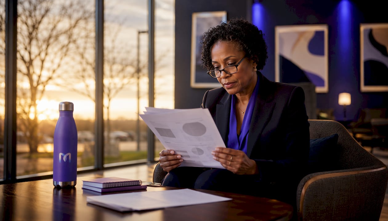 Woman reviewing customer feedback in office break area