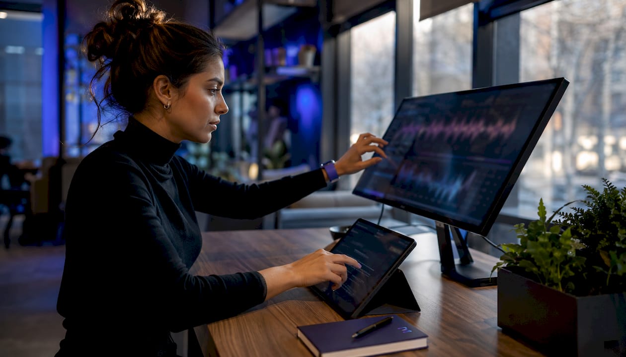 Hands interacting with speech-to-text software interface