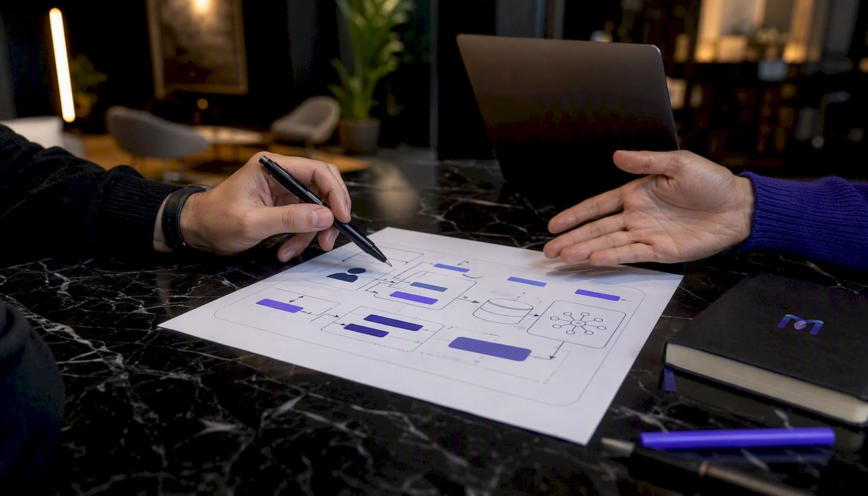 Hands pointing at support chatbot diagram