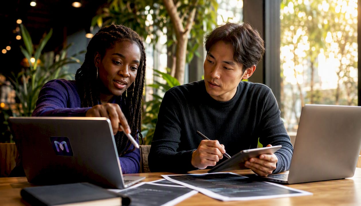Two engineers collaborating on chatbot build