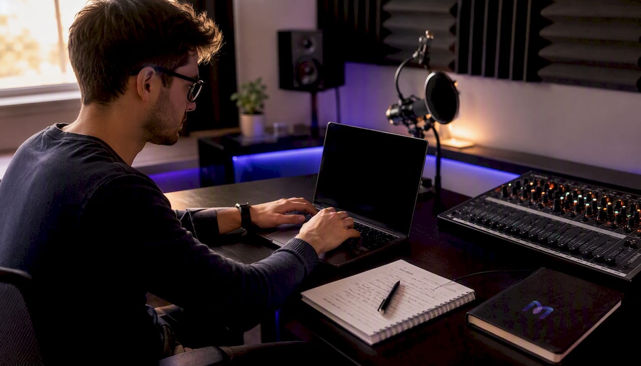 Hands at AI voice transcription and monitoring workstation