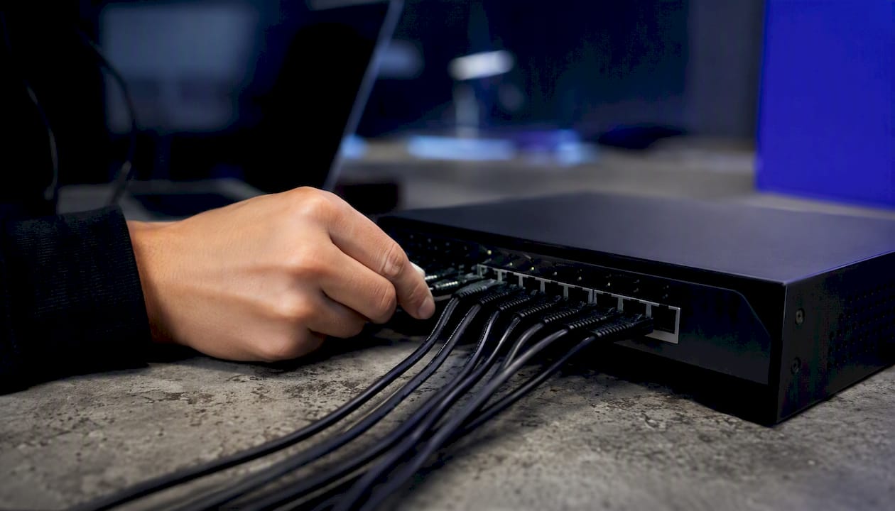 Hand connecting cables to network hub