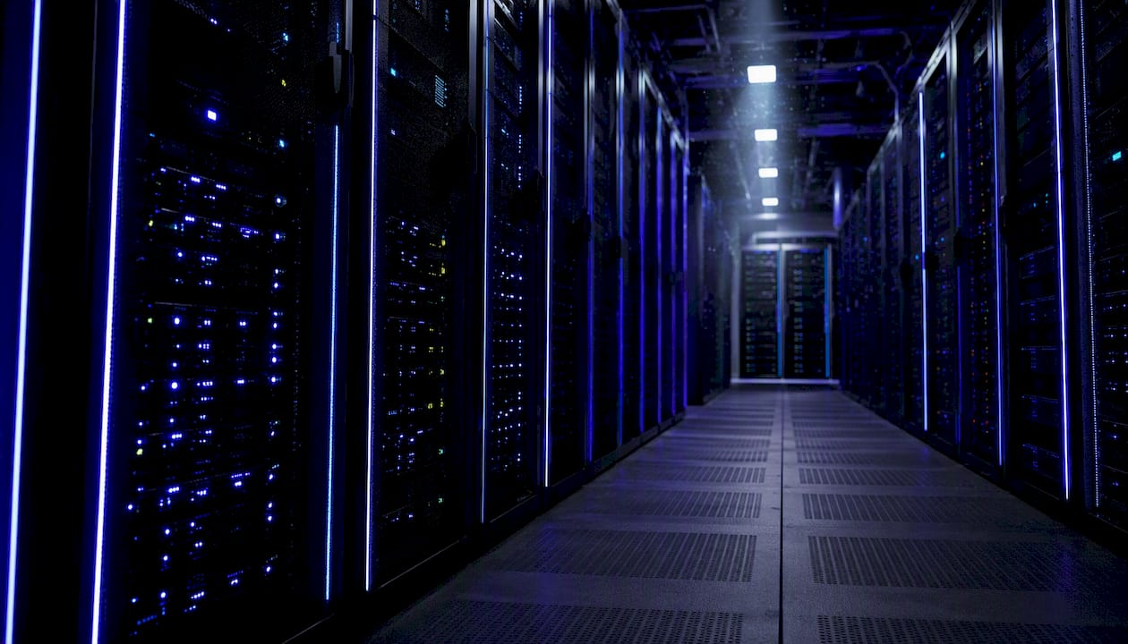 Futuristic data center with indigo lighting