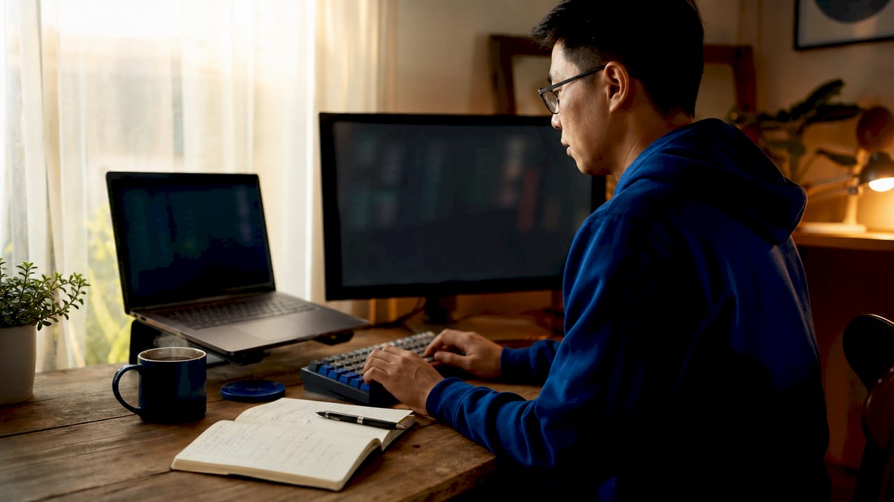 Hands typing on keyboard with cybersecurity documents
