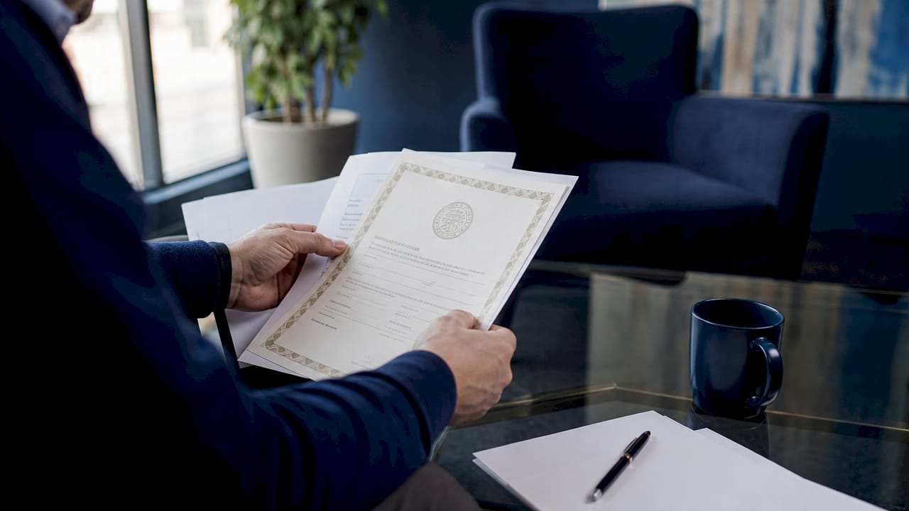 Hands holding copyright certificate over documents