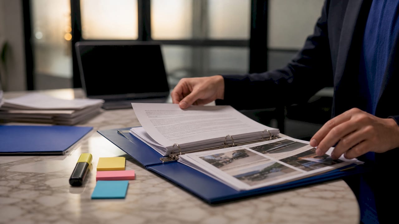 Hands organizing copyright documents in office