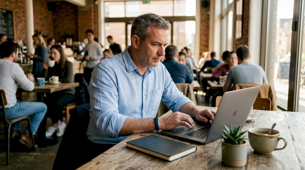 Man using computer for content theft monitoring