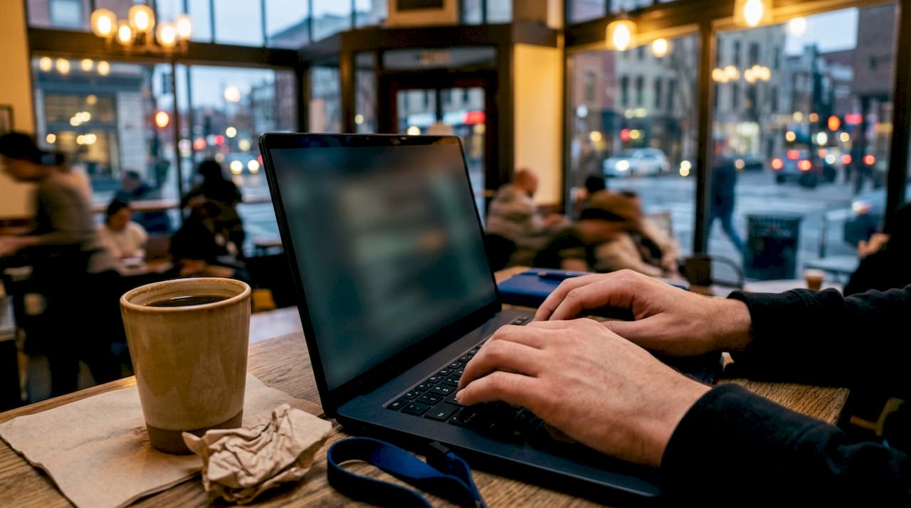 Hands typing in dim café, creating fake profile