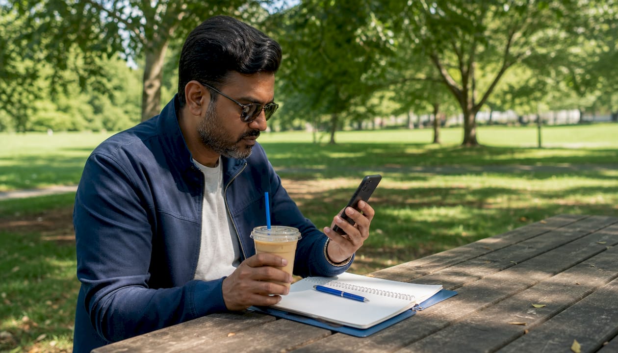 Man checking verification badge on smartphone in café
