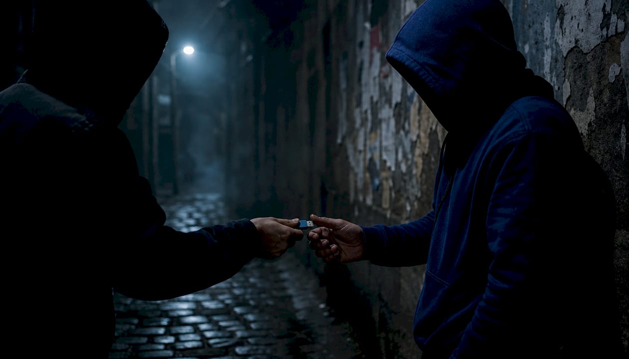 Hands exchanging USB drive in shadowy setting