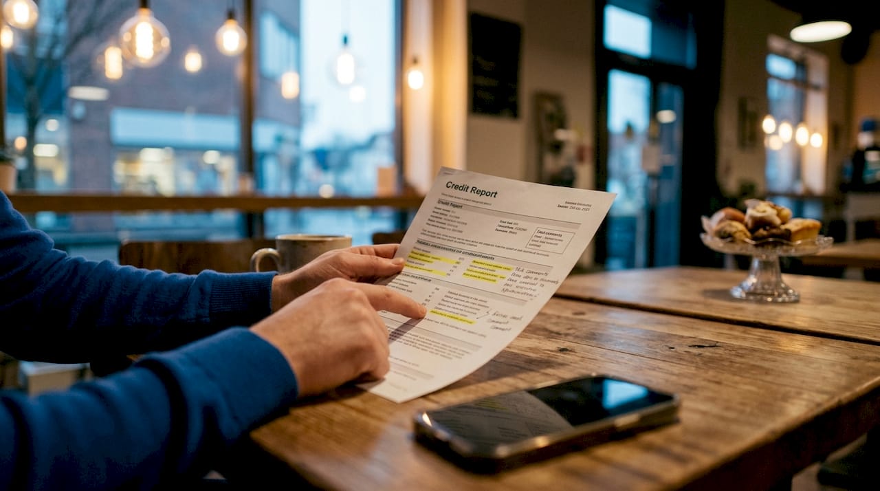Hands interacting with credit report and smartphone at office desk