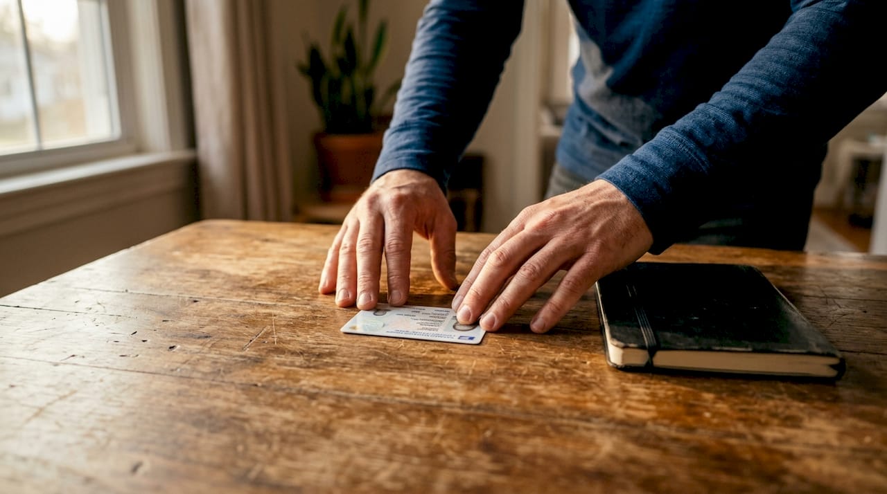 Close-up of hands preparing ID document for photo