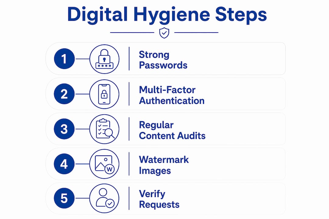 Infographic showing key digital hygiene steps for deepfake prevention