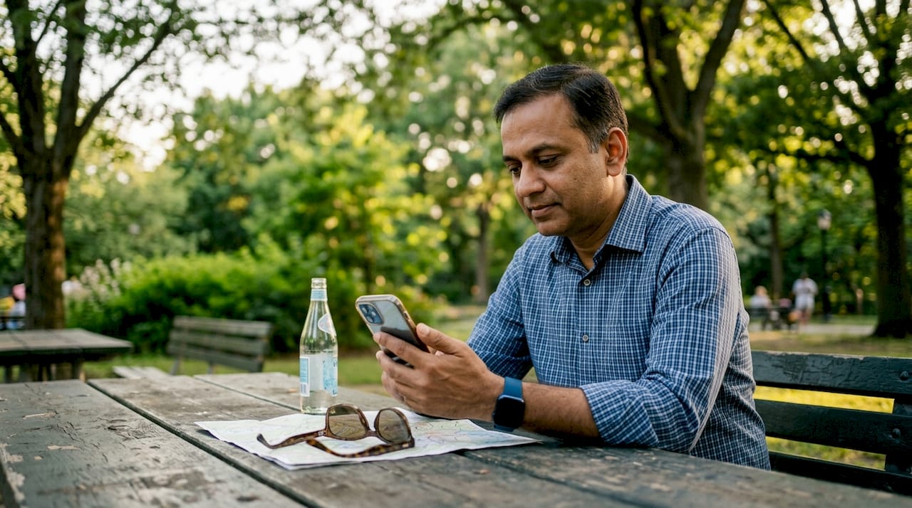 Man checking phone for follower signals in café