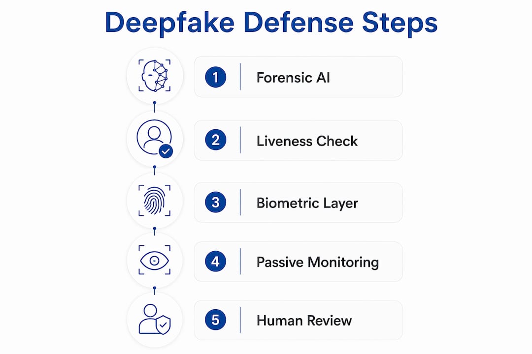 Infographic illustrating deepfake defense process in steps