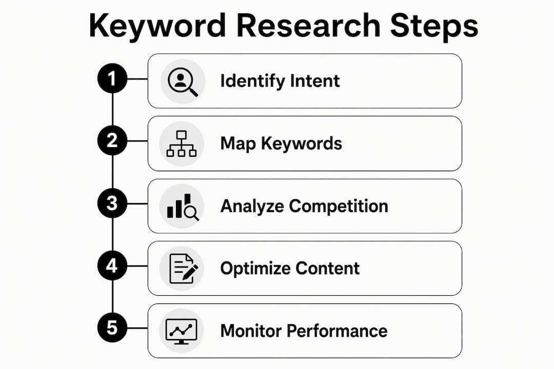 Infographic illustrating keyword research steps for Malta tourism SEO