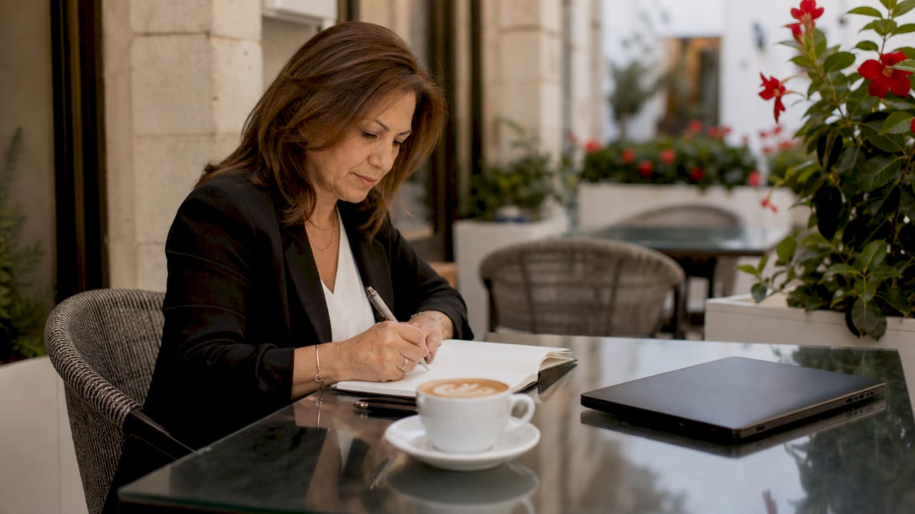 Woman working on SEO marketing in Malta café