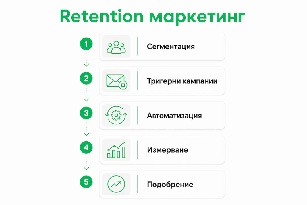 Инфографика, представяща основните стъпки за задържане на клиенти чрез маркетингови стратегии