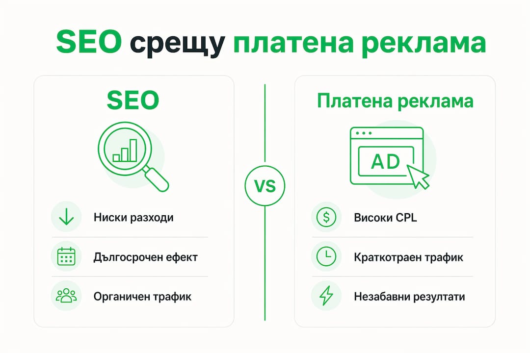 Визуално сравнение между SEO и платената реклама – кои са основните разлики и предимства?
