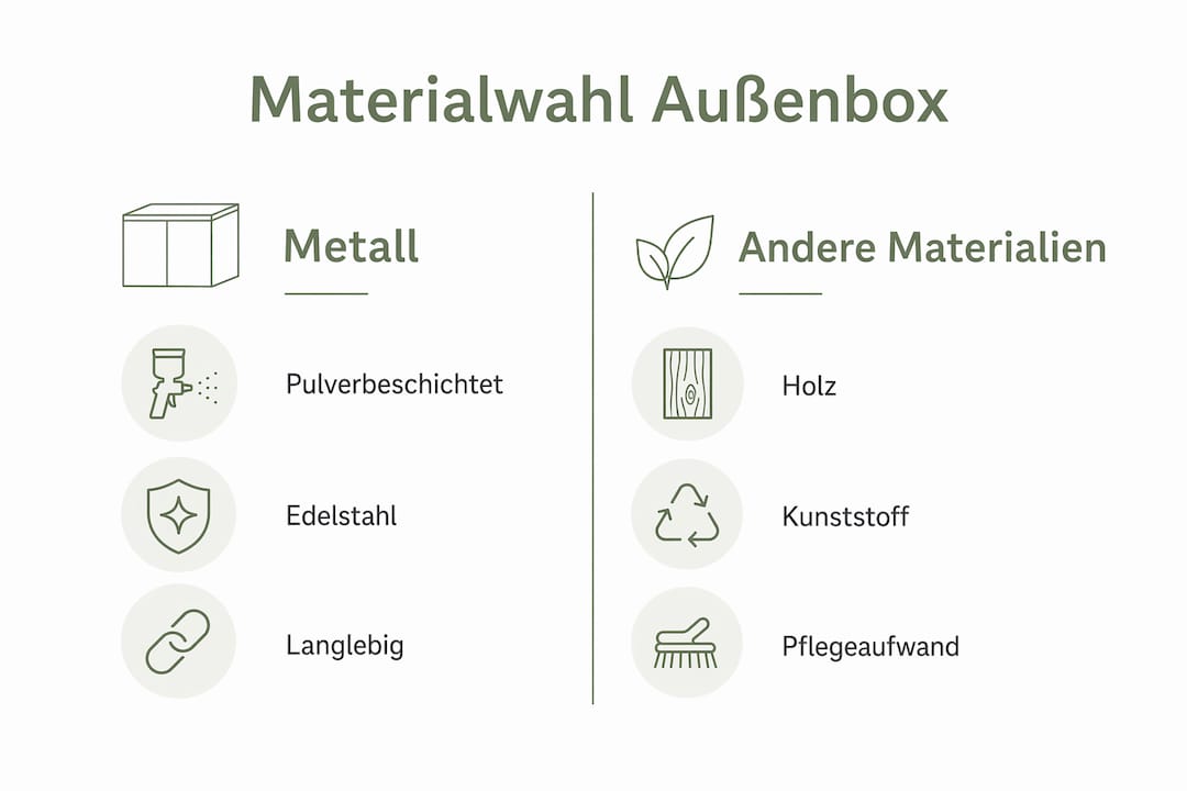Übersichtsgrafik: Welche Materialien eignen sich am besten für wetterfeste Außenboxen?