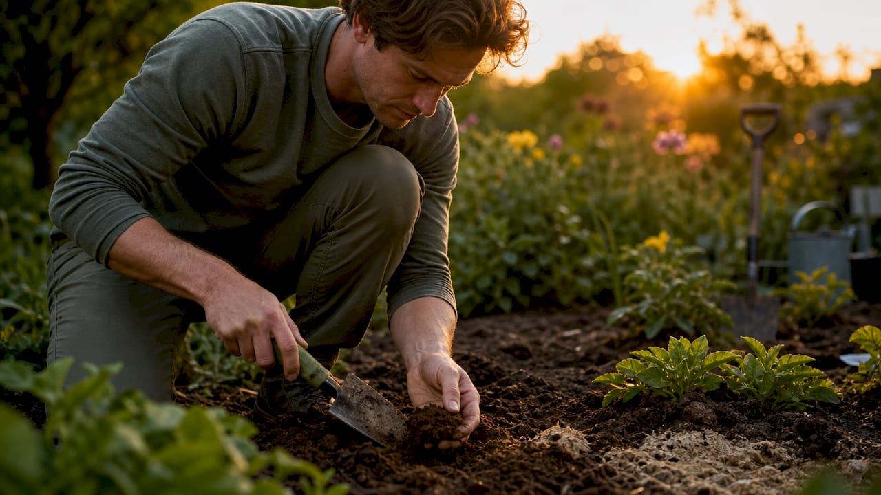 Mit einer kleinen Schaufel graben Hände vorsichtig im Gartenboden und erkunden die Erde.