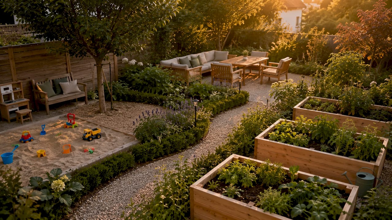 Ein Familiengarten, in dem klare Bereiche für verschiedene Aktivitäten geschaffen wurden und der durch helles, freundliches Licht zum Verweilen einlädt.