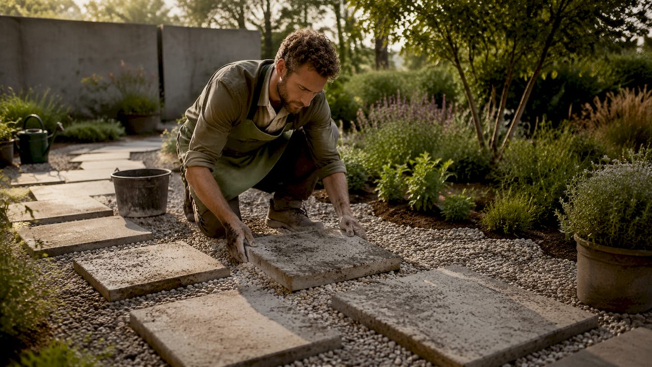 Mit viel Sorgfalt werden umweltfreundliche Materialien für einen nachhaltigen Gartenweg verlegt.