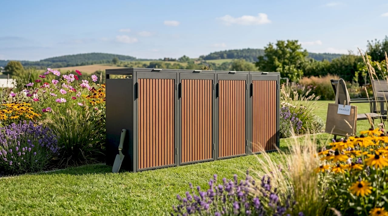 Eine stilvolle Mülltonnenbox aus Metall in Holzoptik – die perfekte Lösung für einen gepflegten Garten.