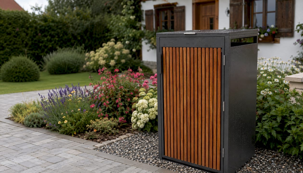 Detailansicht einer wetterbeständigen Mülltonnenbox aus robustem Stahl