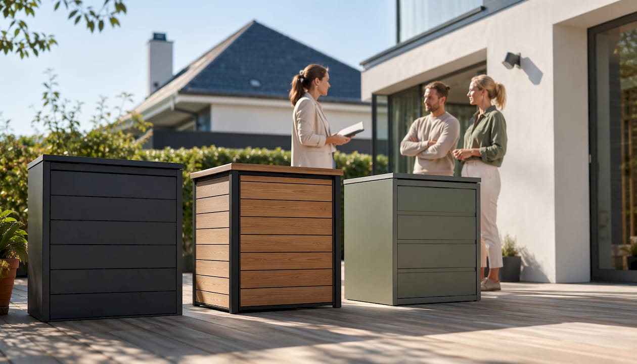 In unserem Showroom können Sie verschiedene Modelle von Mülltonnenboxen live erleben und vergleichen.