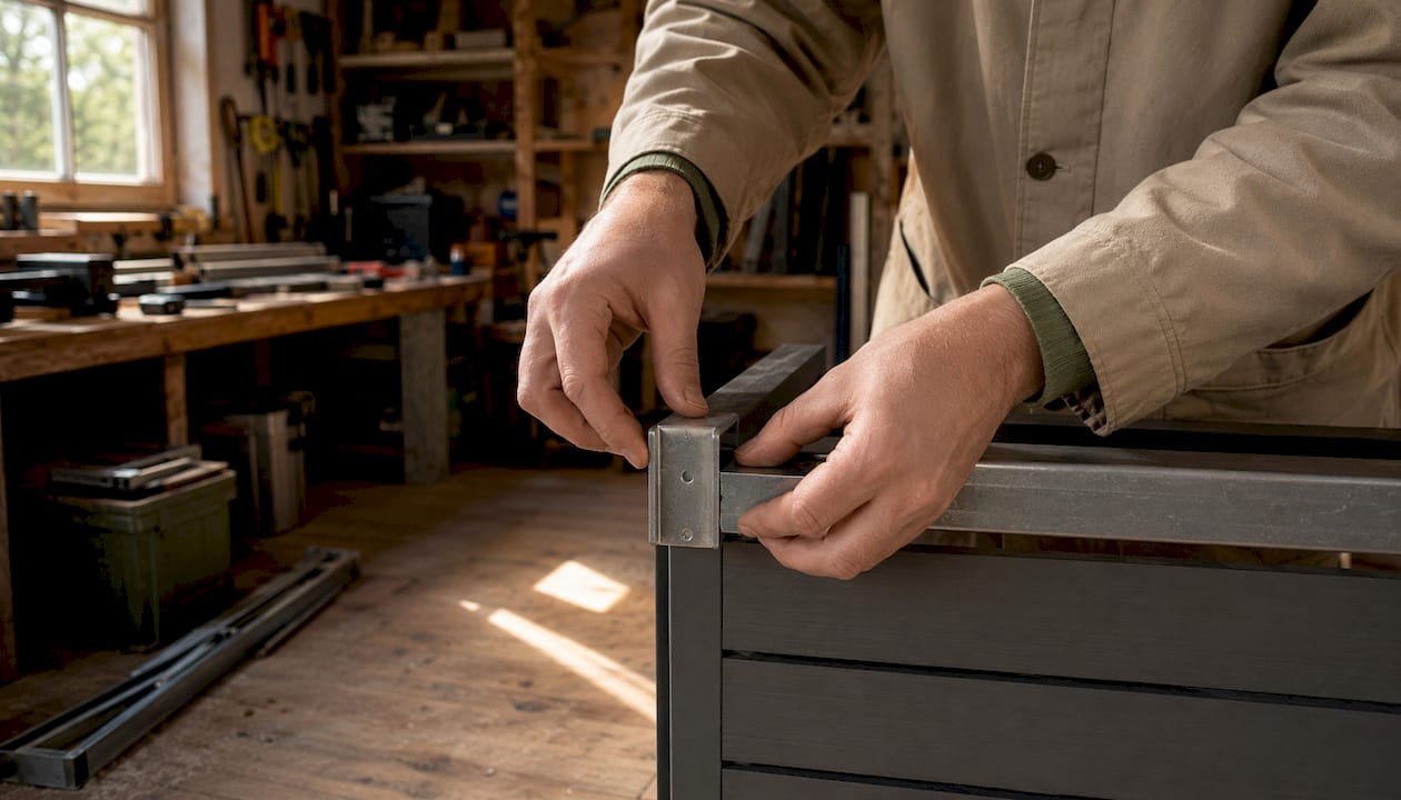 In einer Werkstatt werden Einzelteile einer Mülltonnenbox von Hand zusammengesetzt.