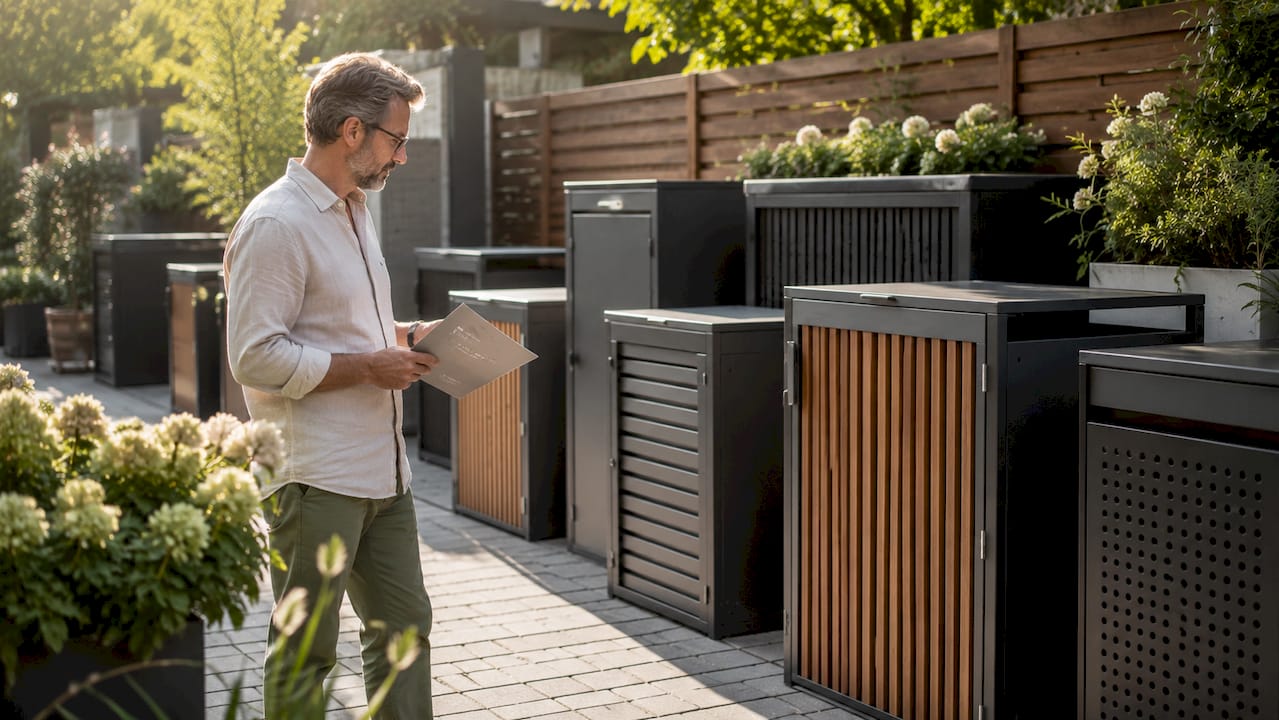 Ein Mann begutachtet verschiedene Mülltonnenbox-Modelle im Freien.