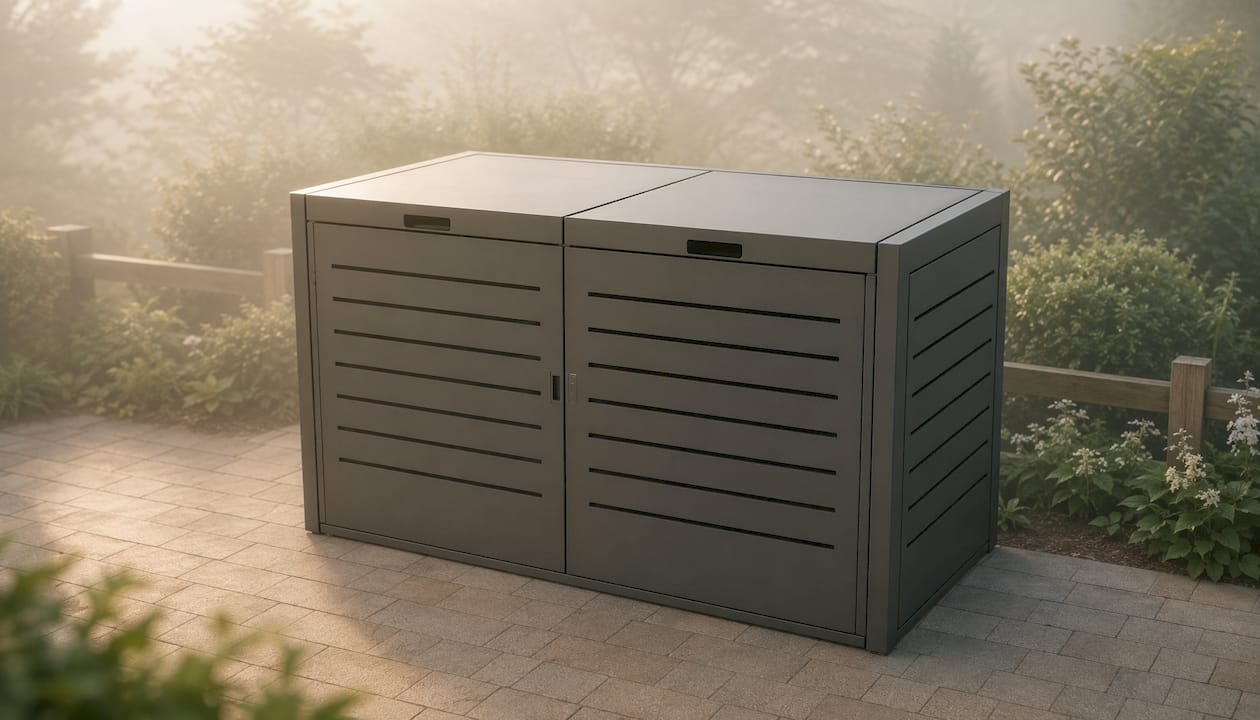 Im Halbschatten platzierte Mülltonnenbox aus pulverbeschichtetem Metall