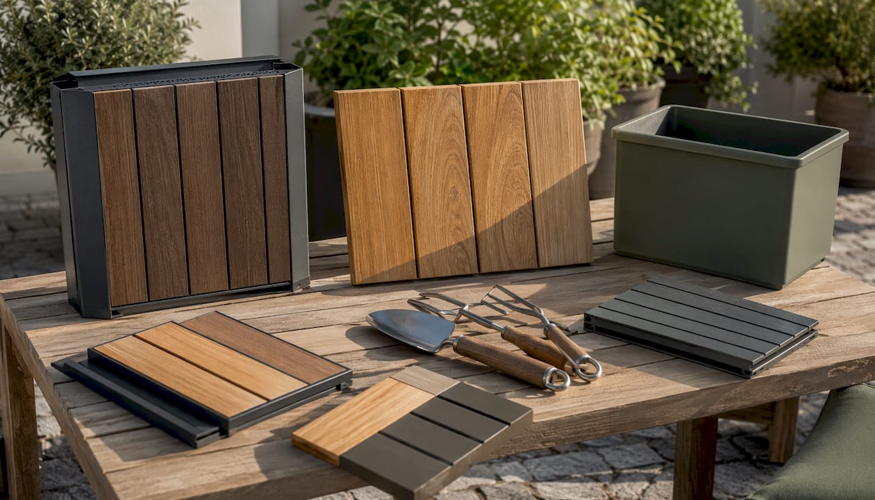 Verschiedene Muster und Materialproben für Mülltonnenboxen liegen zur Ansicht auf dem Tisch aus.