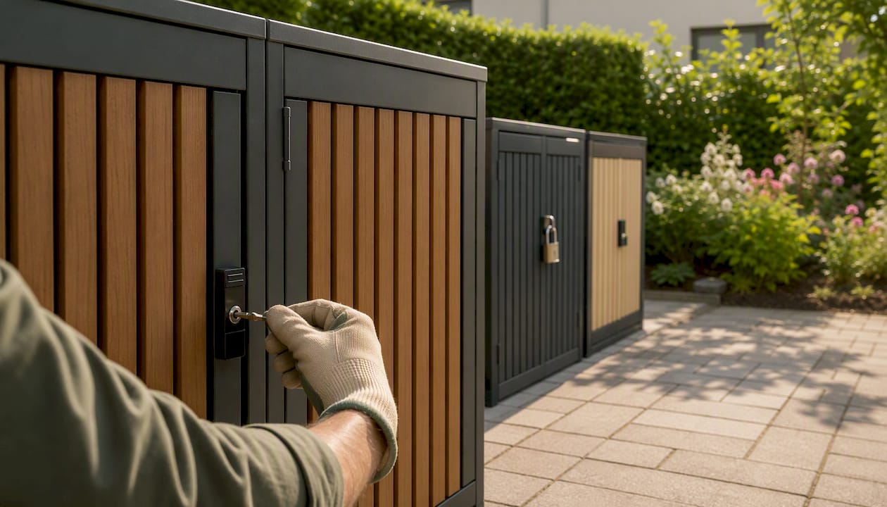 Mit der Hand lassen sich verschiedene Schlossmechanismen an Mülltonnenboxen bedienen.