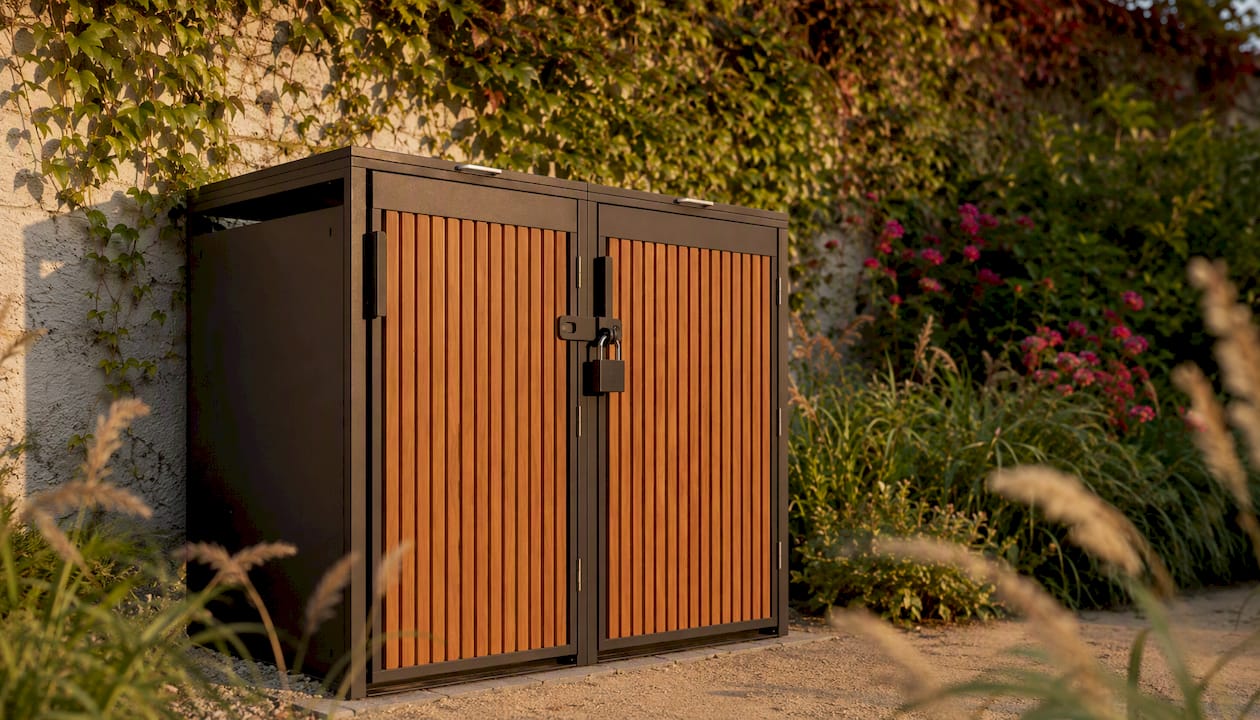 Robuste Mülltonnenbox aus wetterfestem Material mit abschließbarem Schloss und praktischer Beschriftungsmöglichkeit.