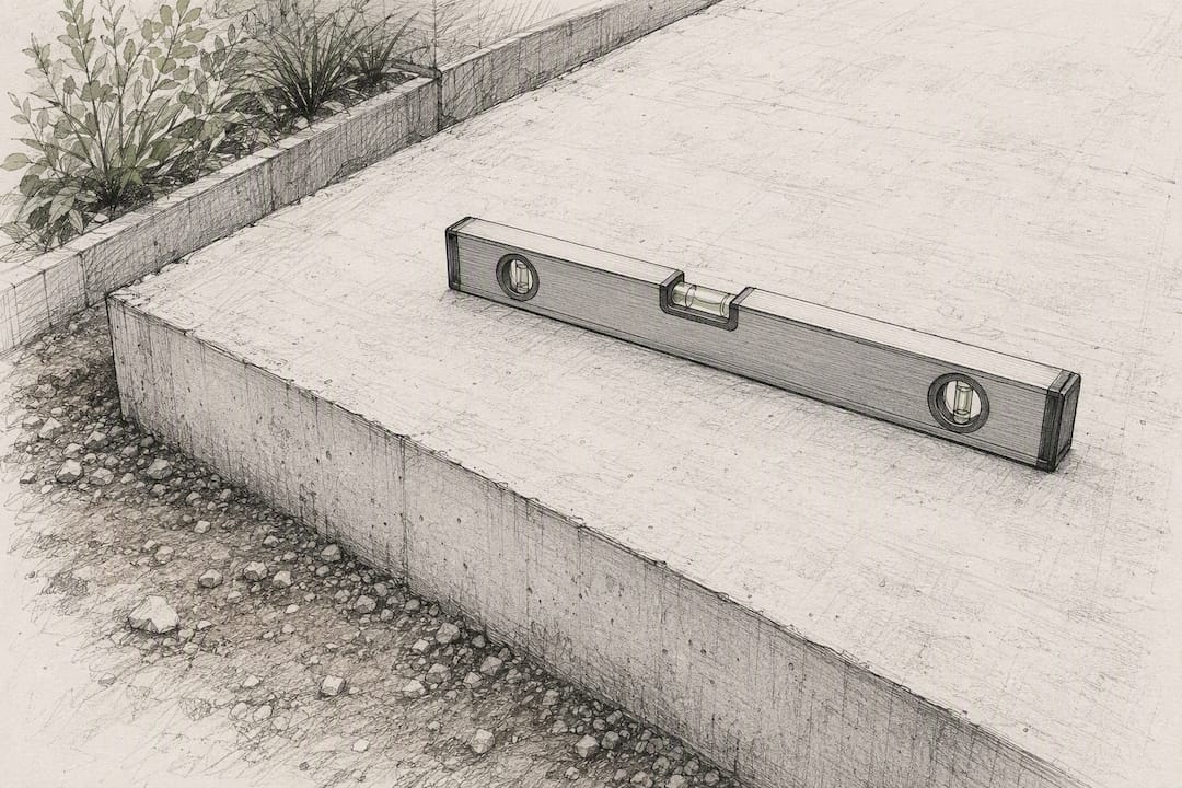 Nahaufnahme eines Betonplattenfundaments und des Wasserstands