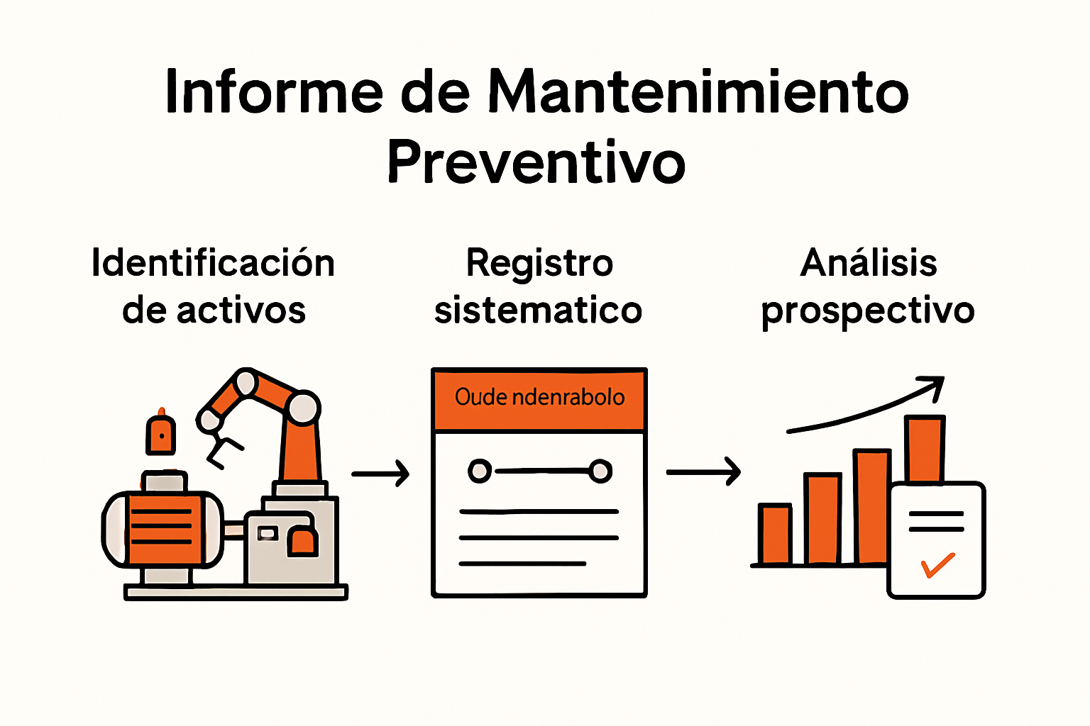 Flujo visual de informe de mantenimiento preventivo efectivo con activos, órdenes y análisis