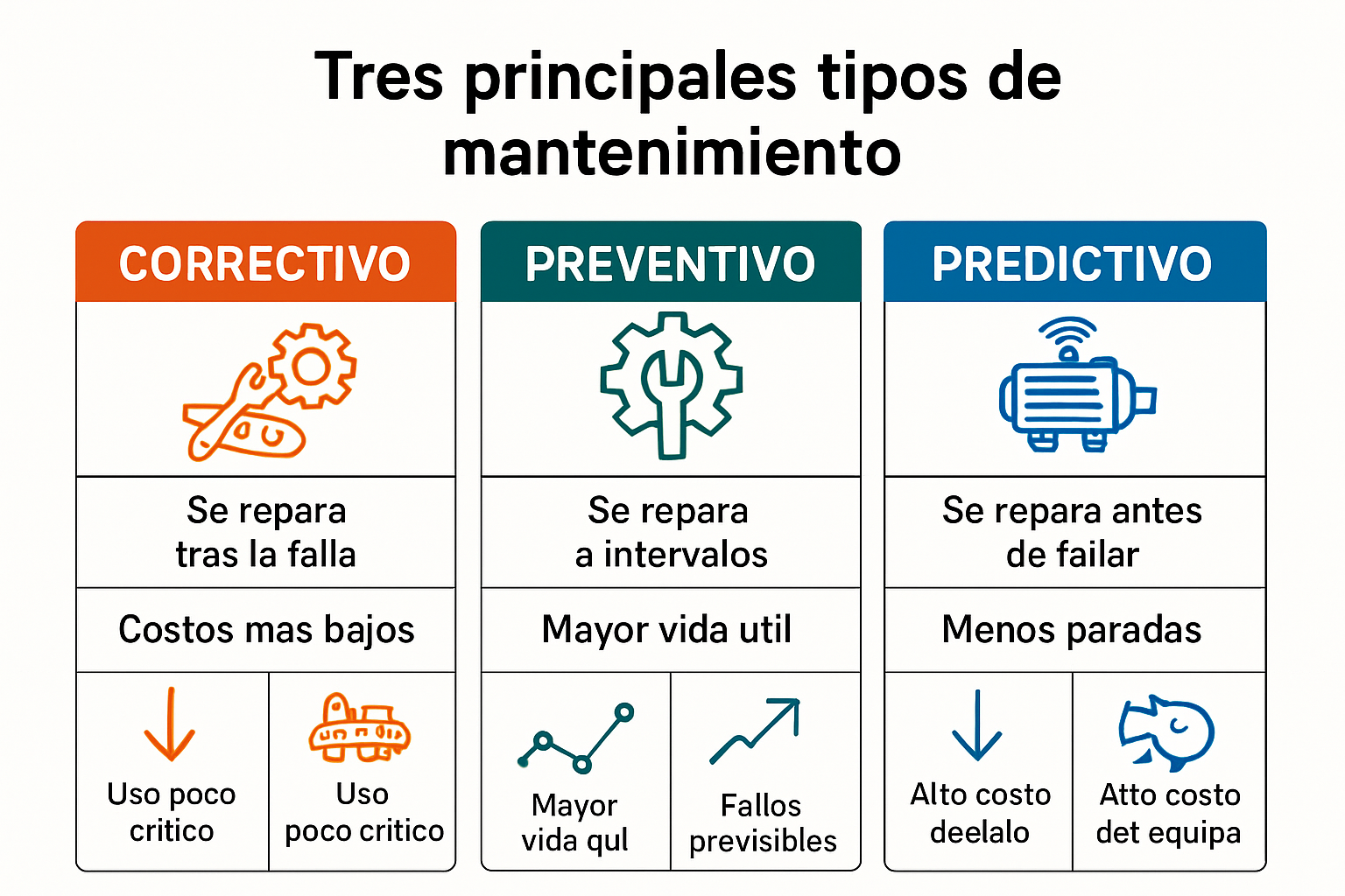 Infografía comparando tipos de mantenimiento industrial y sus ventajas