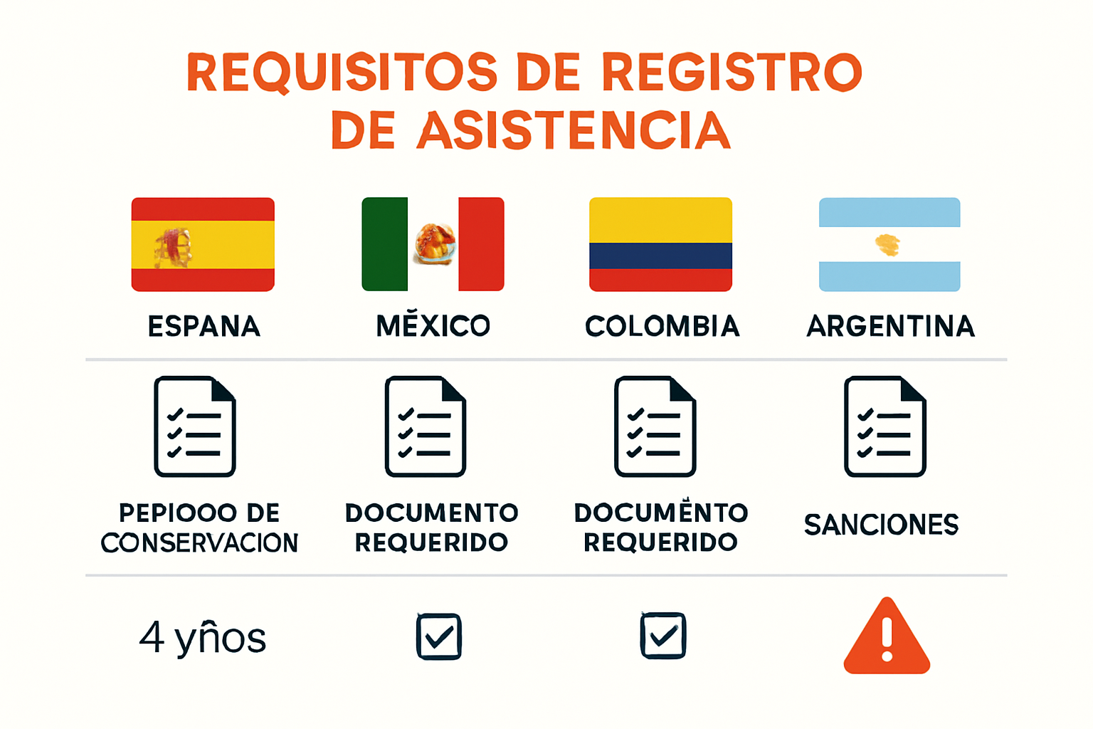 Comparative infographic of attendance record laws in Spain and Latin America