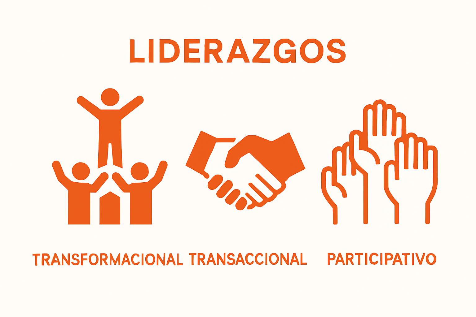 Comparación visual de tres estilos de liderazgo empresarial: transformacional, transaccional y participativo