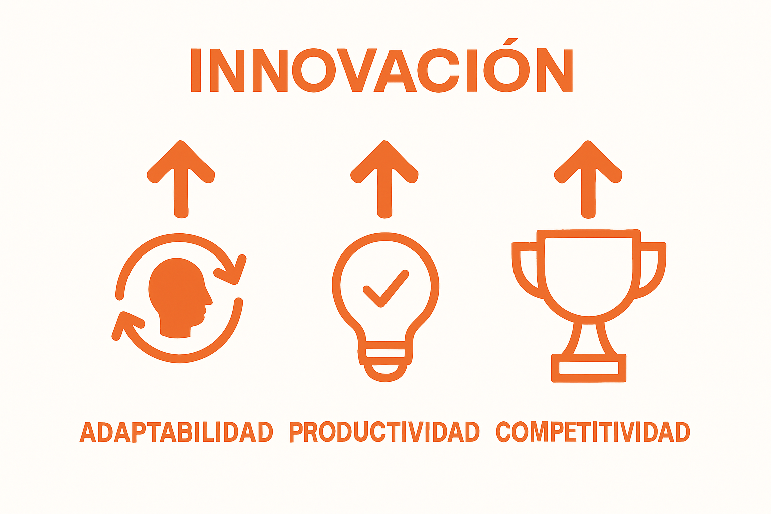 Comparación visual de ventajas clave de innovación: adaptabilidad, productividad, competitividad