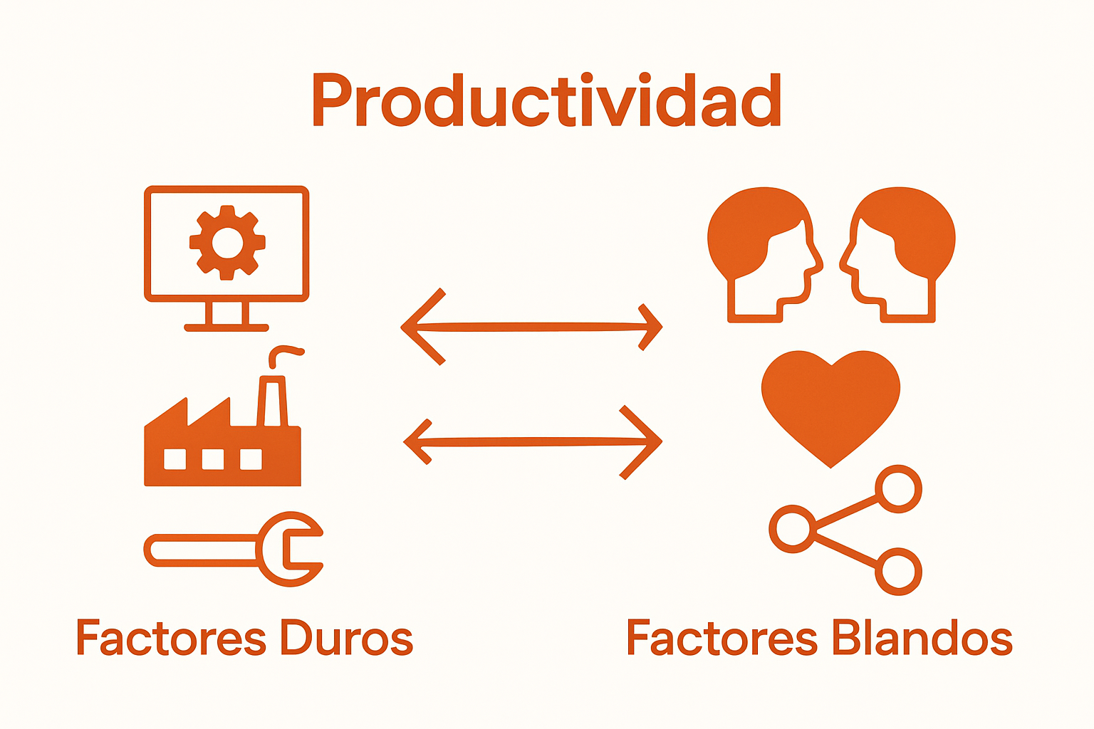Infografía visual de clasificación de factores internos de productividad: duros y blandos.