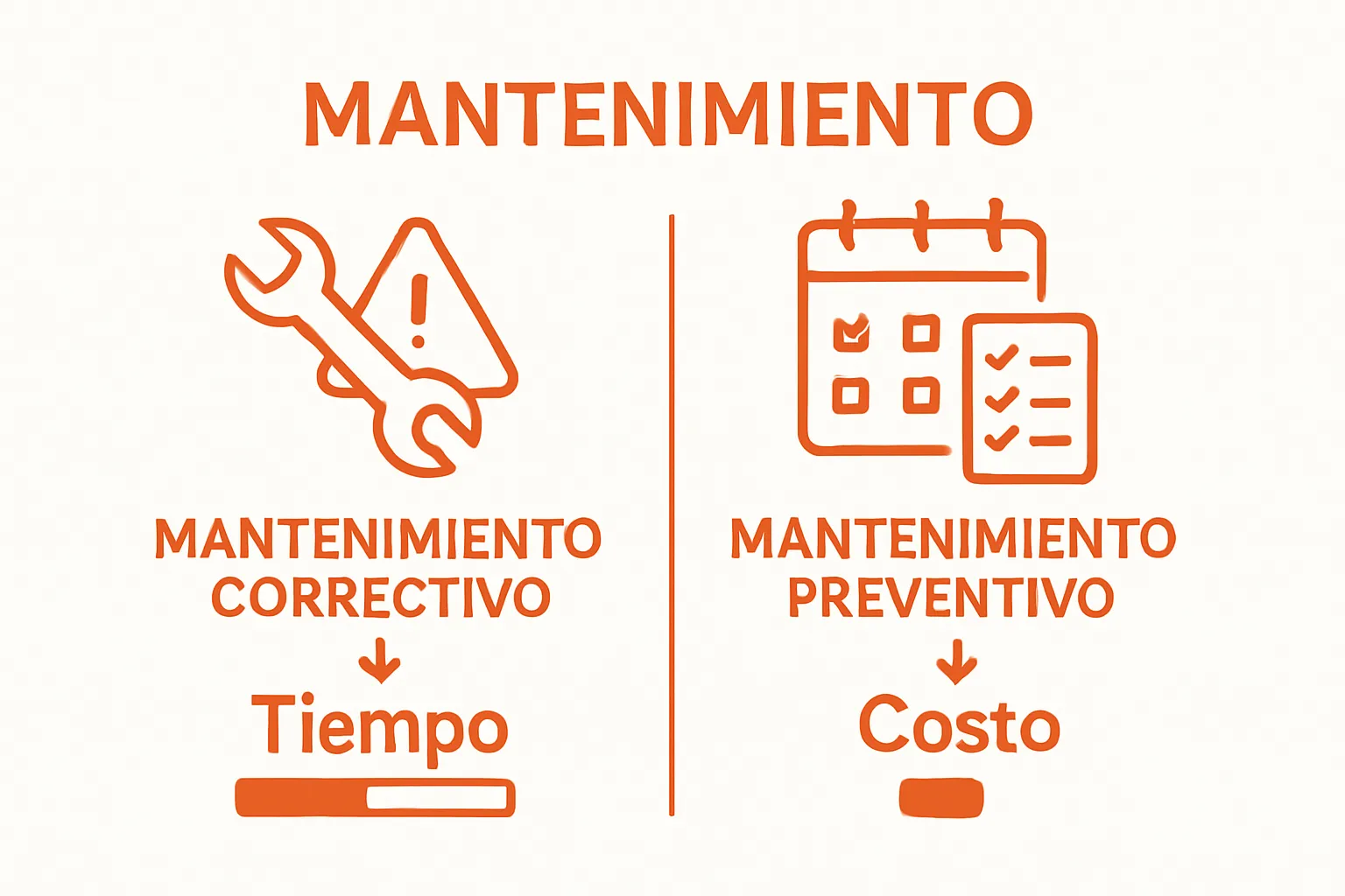 Infografía sencilla que compara correctivo y preventivo con iconos de herramientas y calendario.